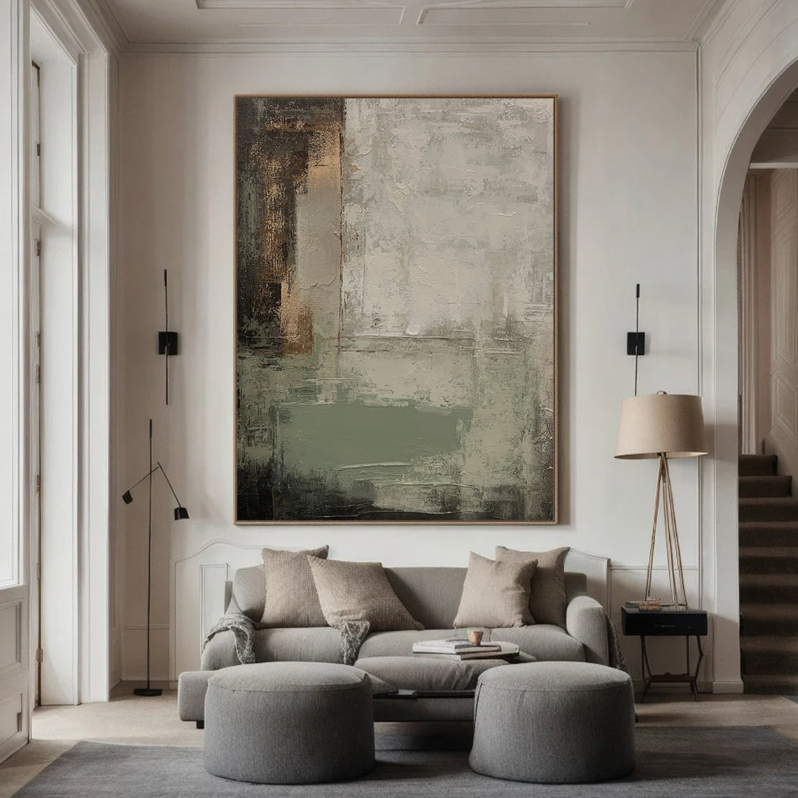 Olive Strata – Hand-Painted Military Green Distressed Plaster Effect Abstract Painting | Japandi Wabi-Sabi Living Room & Bedroom Art