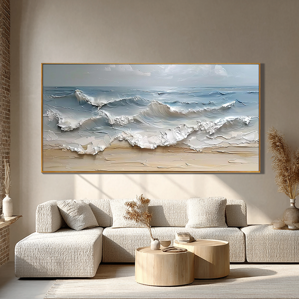 Shoreline Echo – Hand-Painted Creamy Sand Beach Wave Palette Knife Thick Textured Oil Seascape Painting | Contemporary Landscape Living Room & Dining Room Art