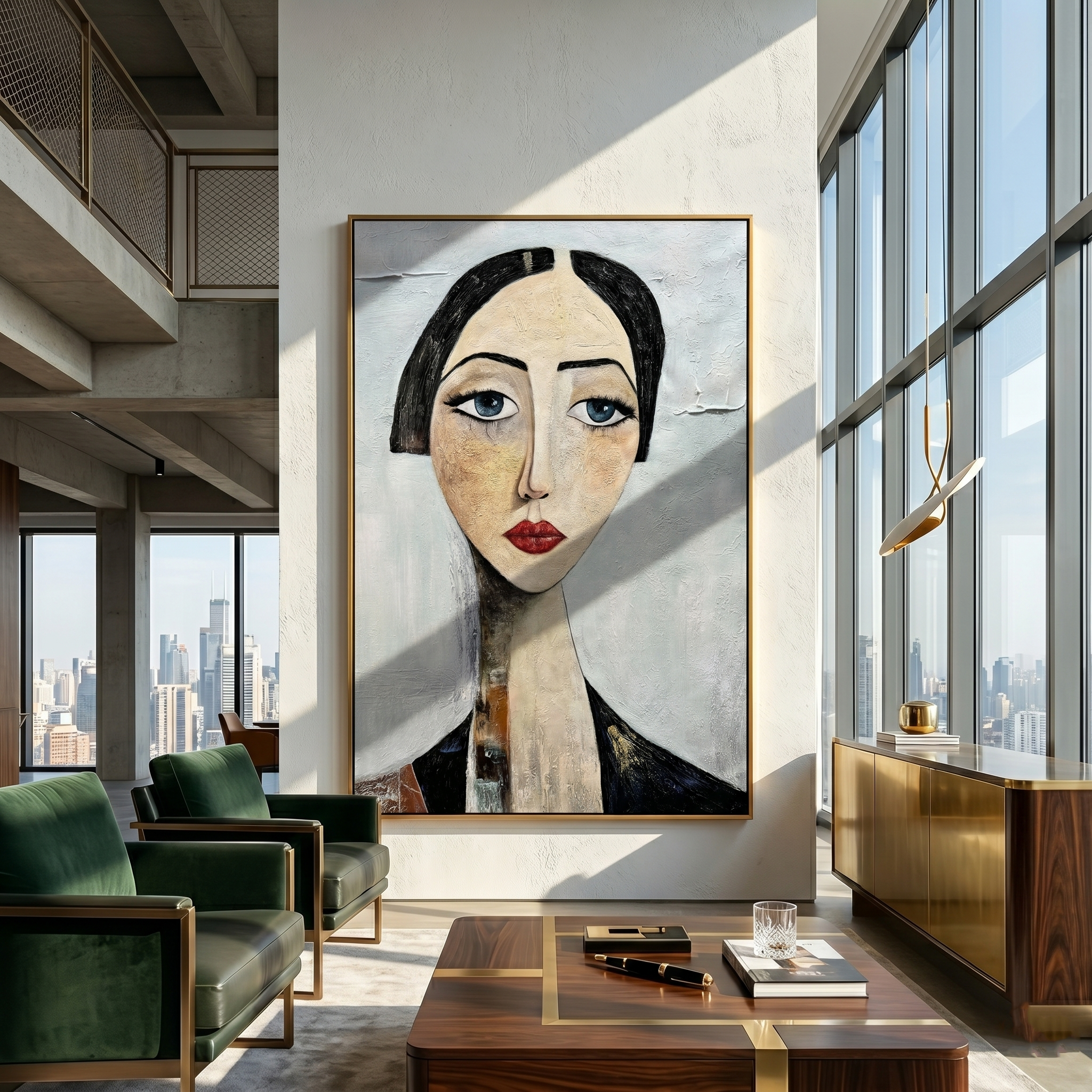 The Sapphire Gaze – Expressionist Modigliani-Style Woman Portrait Painting | Retro Minimalist Living Hallway Art