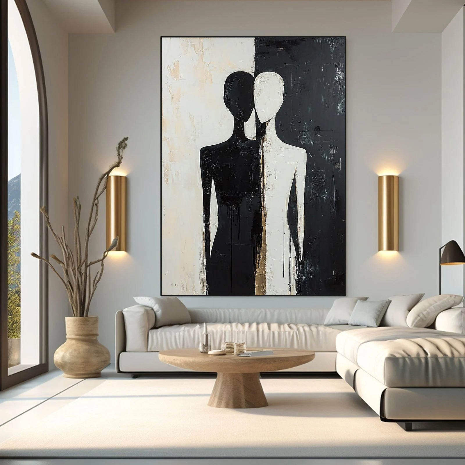 Dual Souls – Minimalist Black & White Abstract Figures Art | Modern Luxury Living Room Art