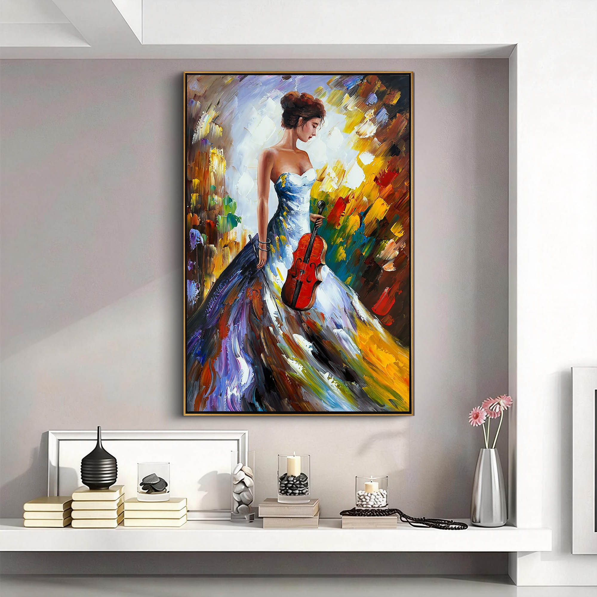 Melodic Muse – Palette Knife Lady in Gown Colorful Painting | Bold Expressionist Living Room & Dining Room Art