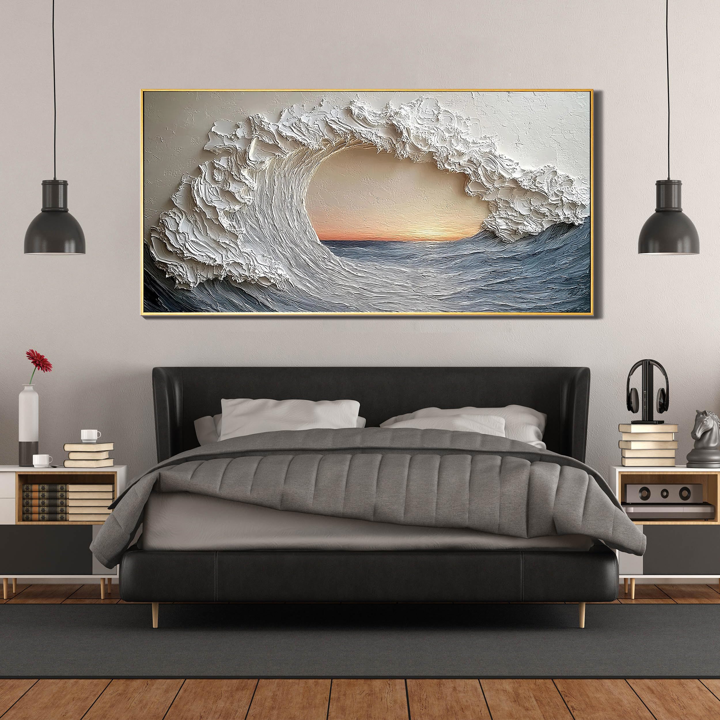 The Ocean Eye – Modern Luxury Crashing Wave Textured Painting | Panoramic Impasto Living Room Art