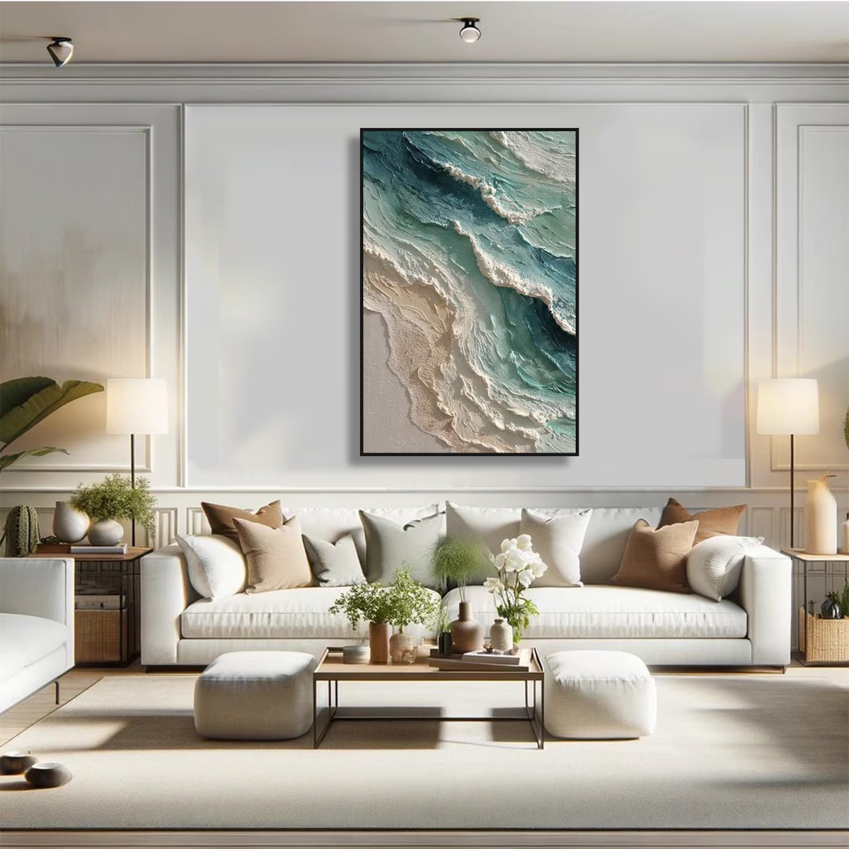 Ocean Crest Meets Sky – Blue Green Coastal Wave Painting | Textured Vertical Wall Art
