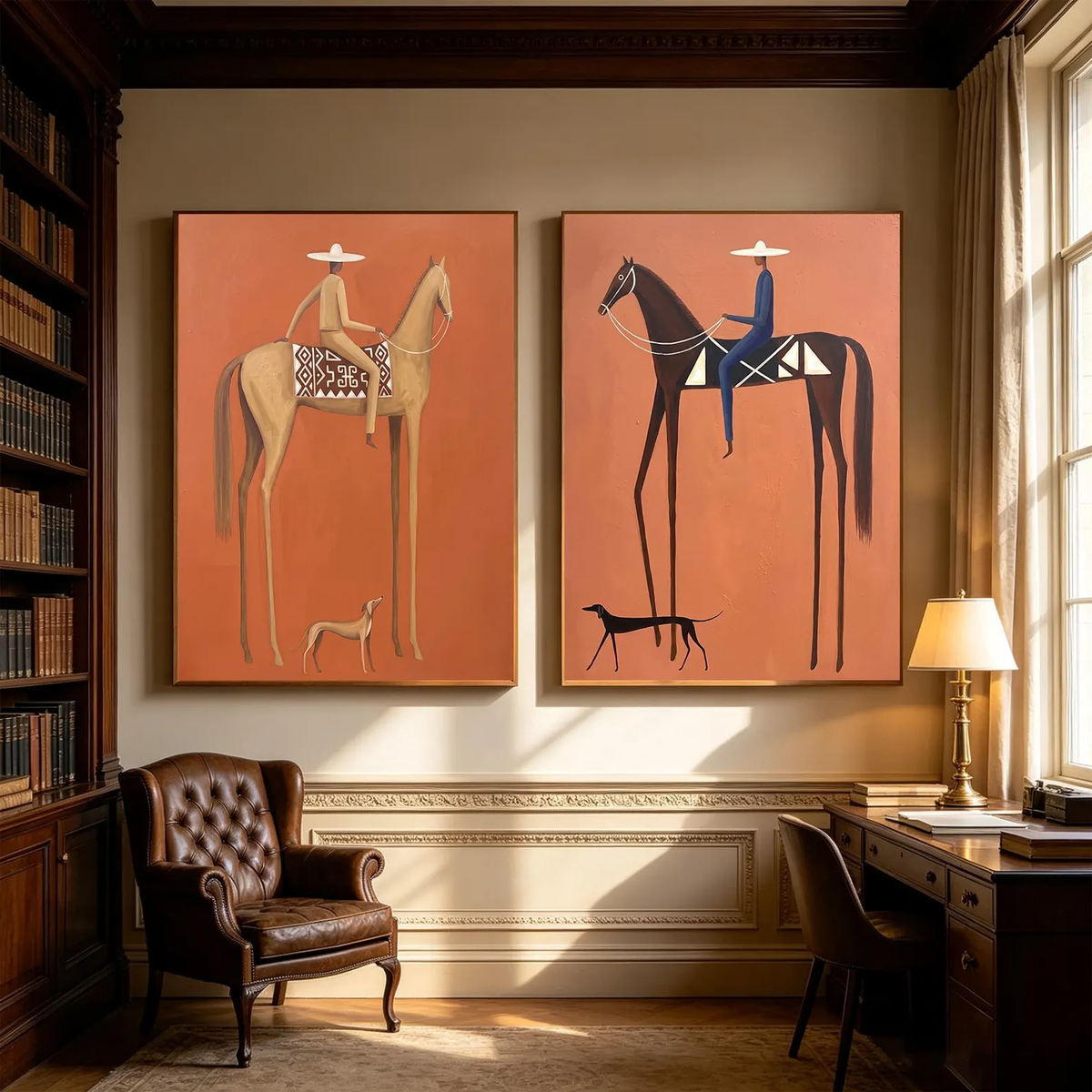 Terracotta Riders Apart – Horse Rider Diptych | Modern Western Vertical Wall Art