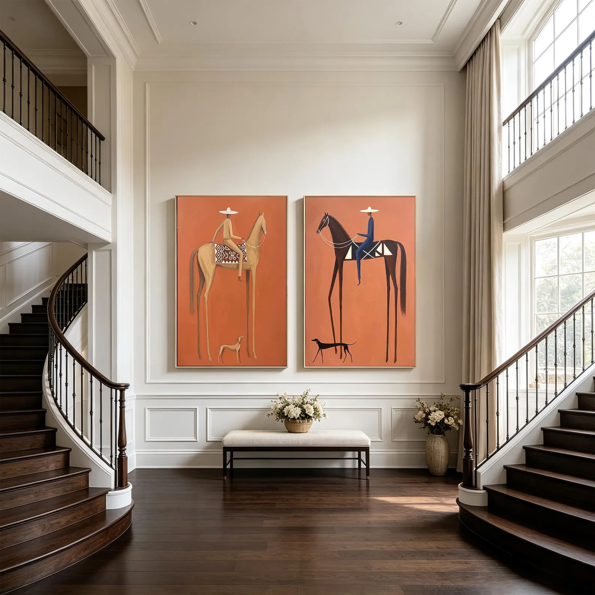 Terracotta Riders Apart – Horse Rider Diptych | Modern Western Vertical Wall Art