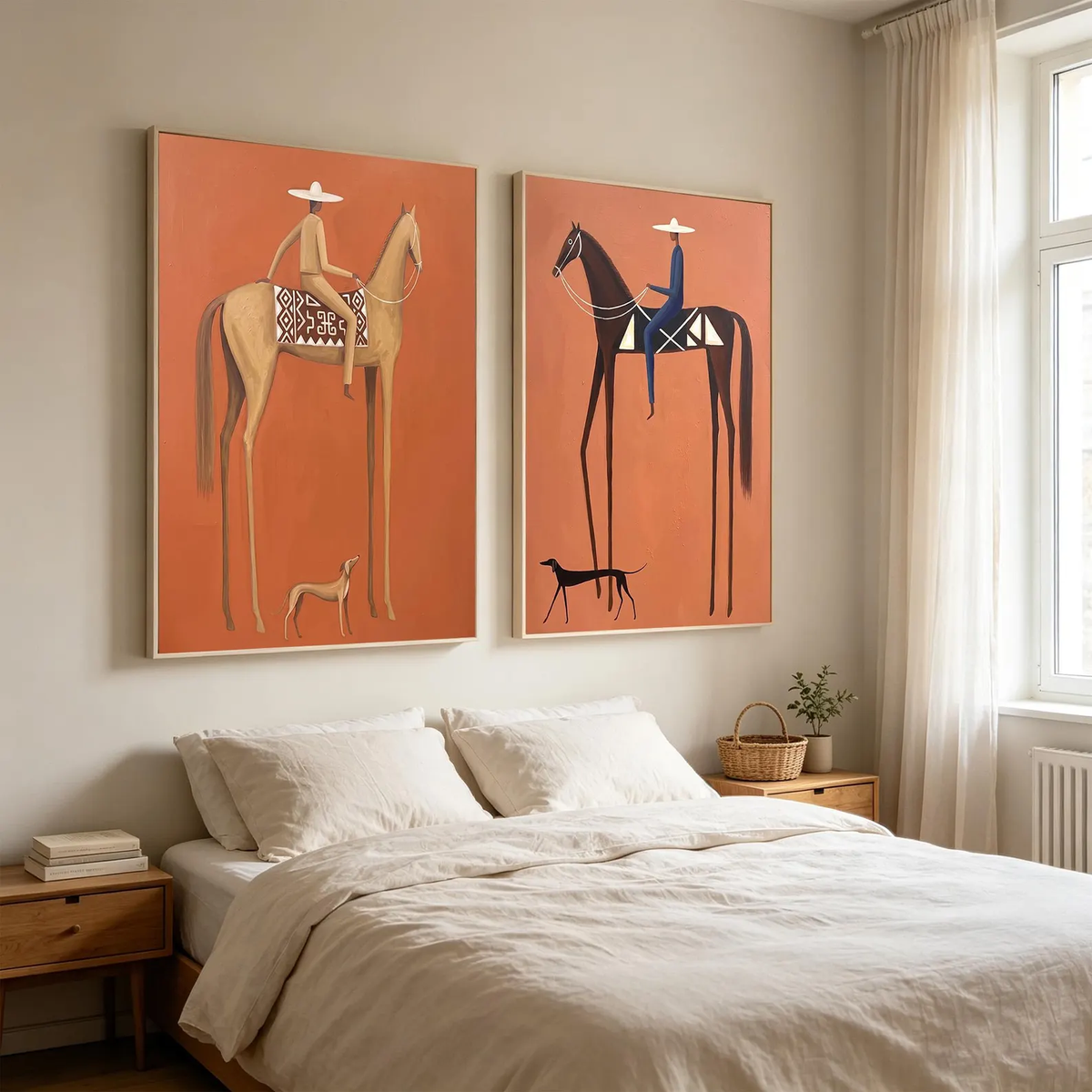 Terracotta Riders Apart – Horse Rider Diptych | Modern Western Vertical Wall Art