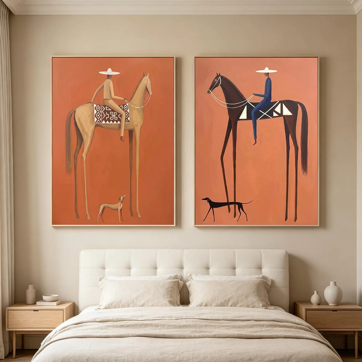 Terracotta Riders Apart – Horse Rider Diptych | Modern Western Vertical Wall Art