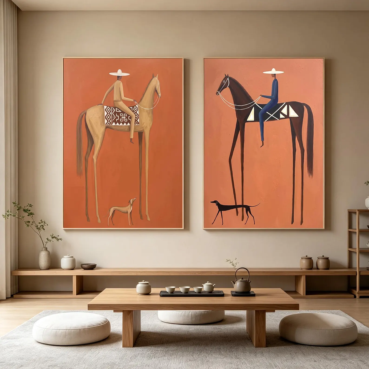 Terracotta Riders Apart – Horse Rider Diptych | Modern Western Vertical Wall Art