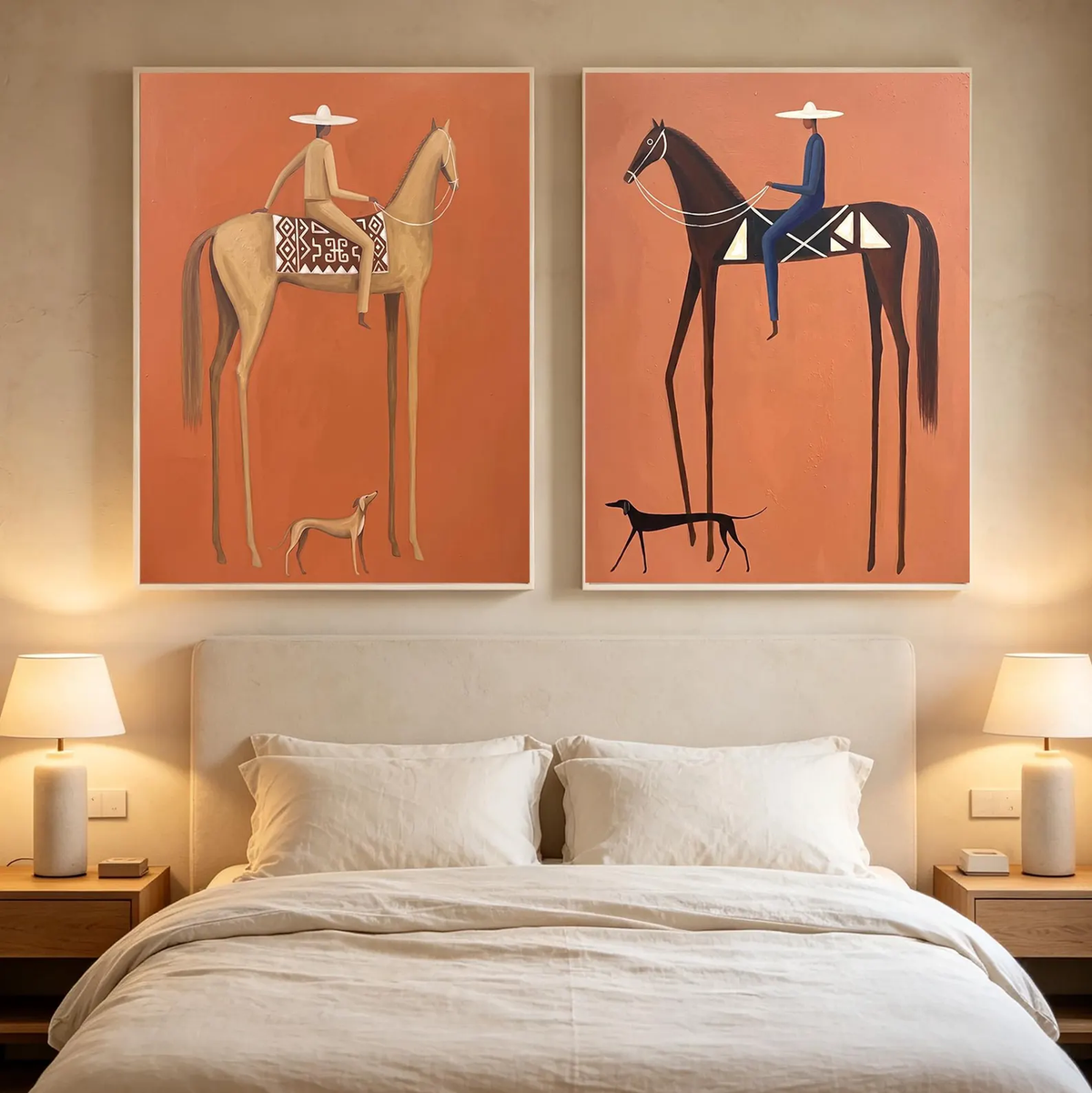 Terracotta Riders Apart – Horse Rider Diptych | Modern Western Vertical Wall Art