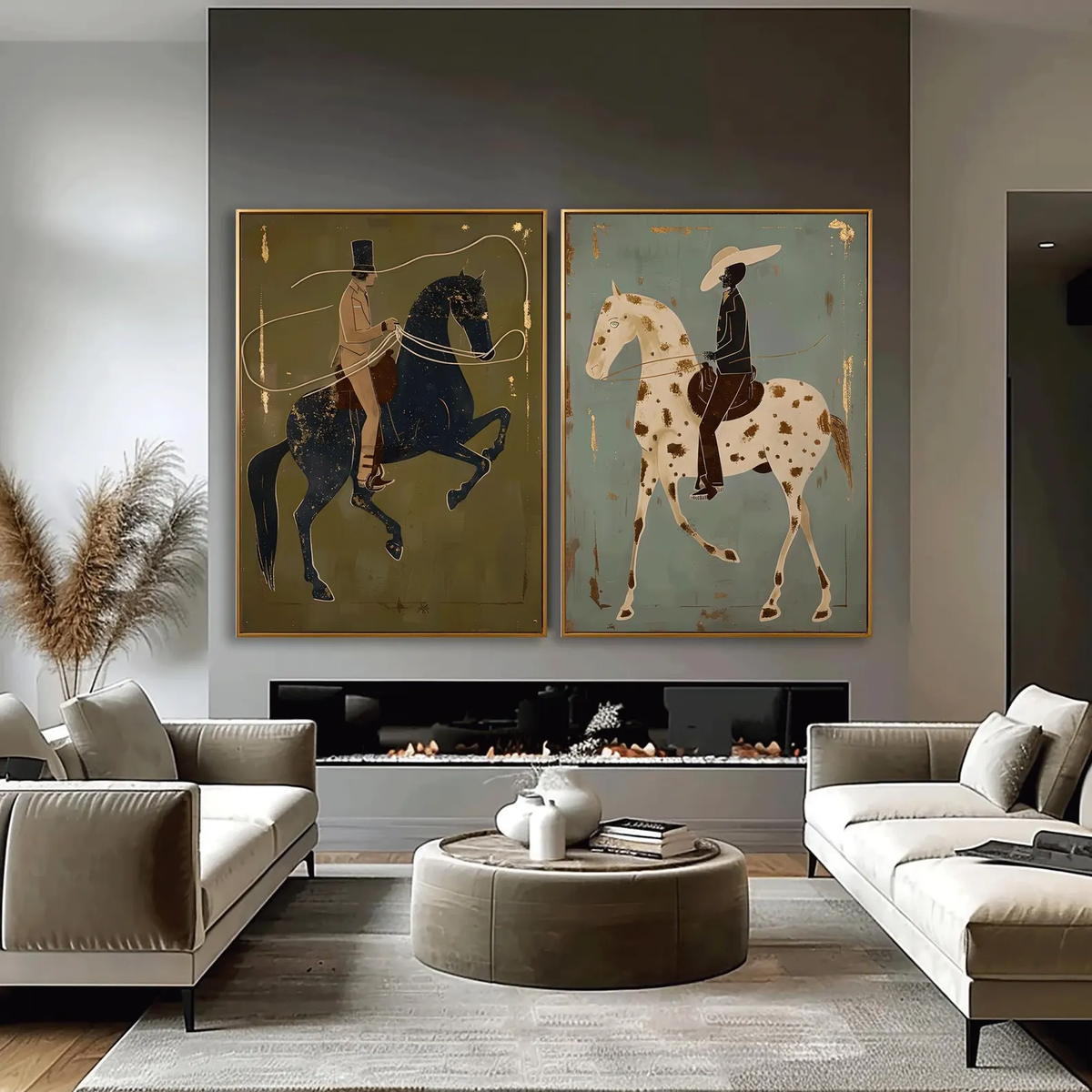 Sage Riders Together – Olive Horse Rider Diptych | Modern Western Vertical Wall Art