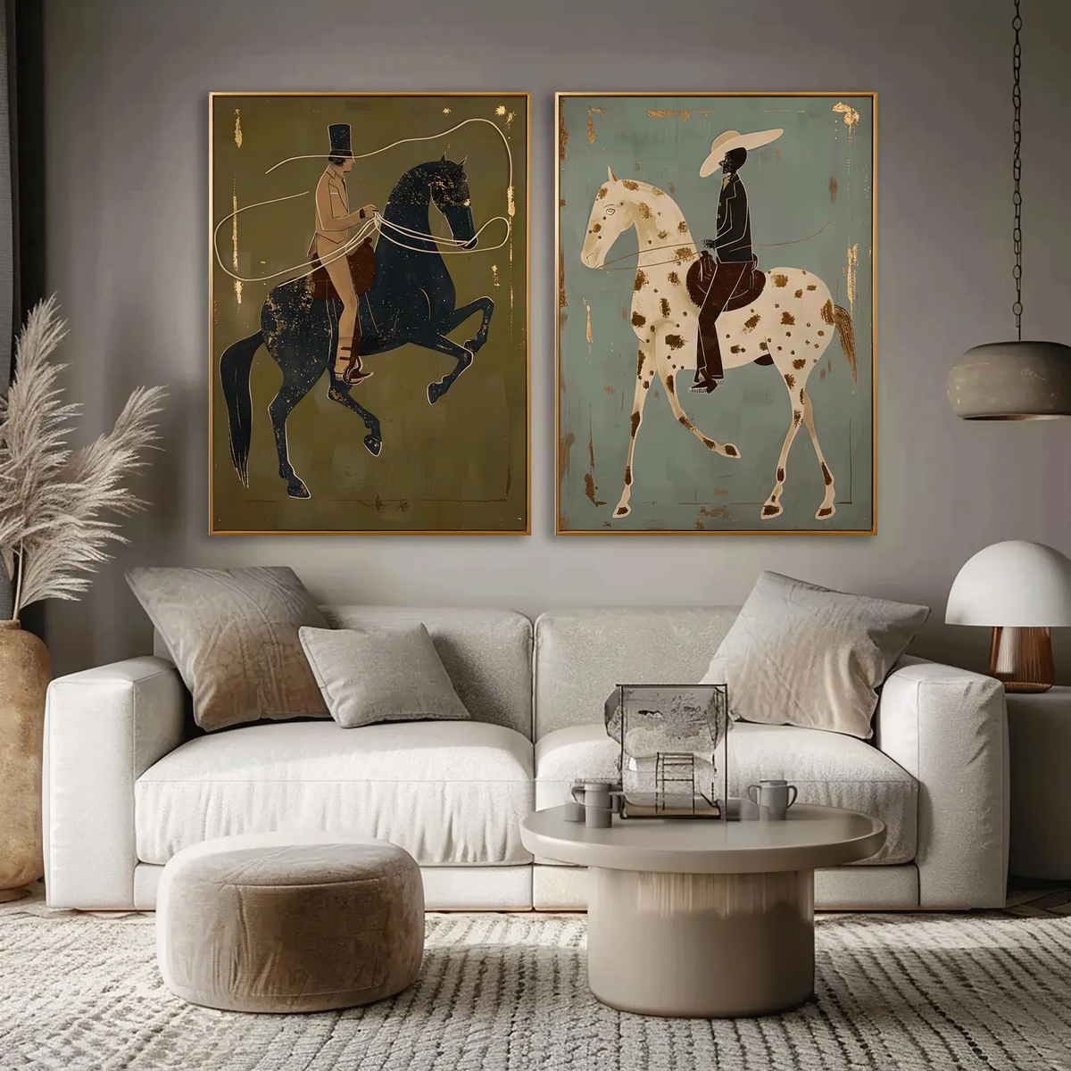 Sage Riders Together – Olive Horse Rider Diptych | Modern Western Vertical Wall Art