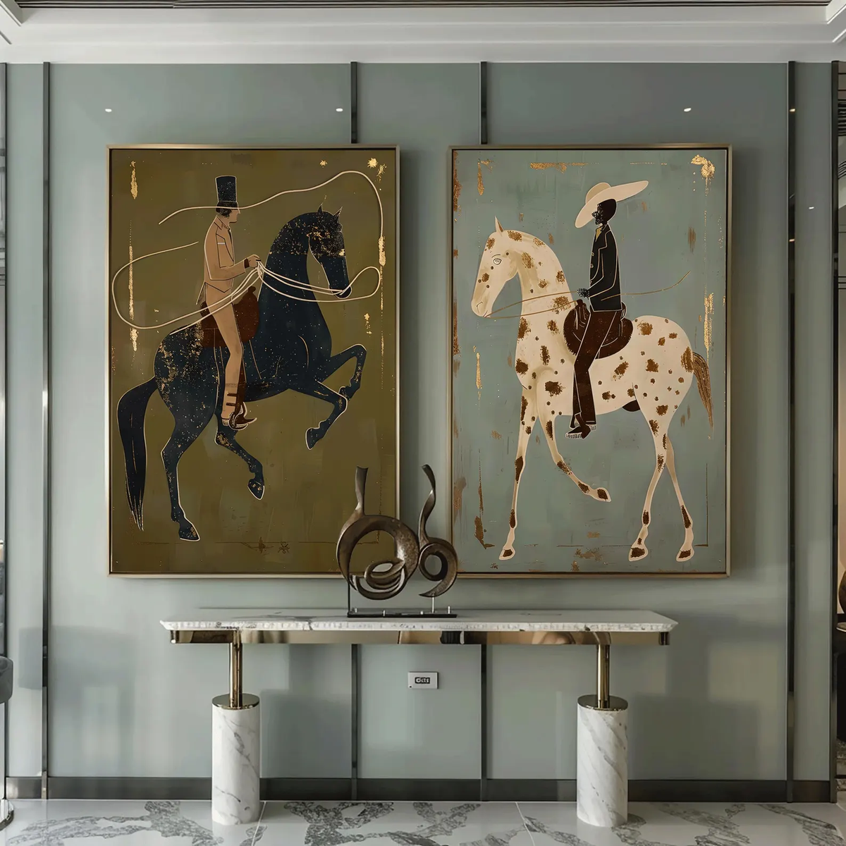 Sage Riders Together – Olive Horse Rider Diptych | Modern Western Vertical Wall Art