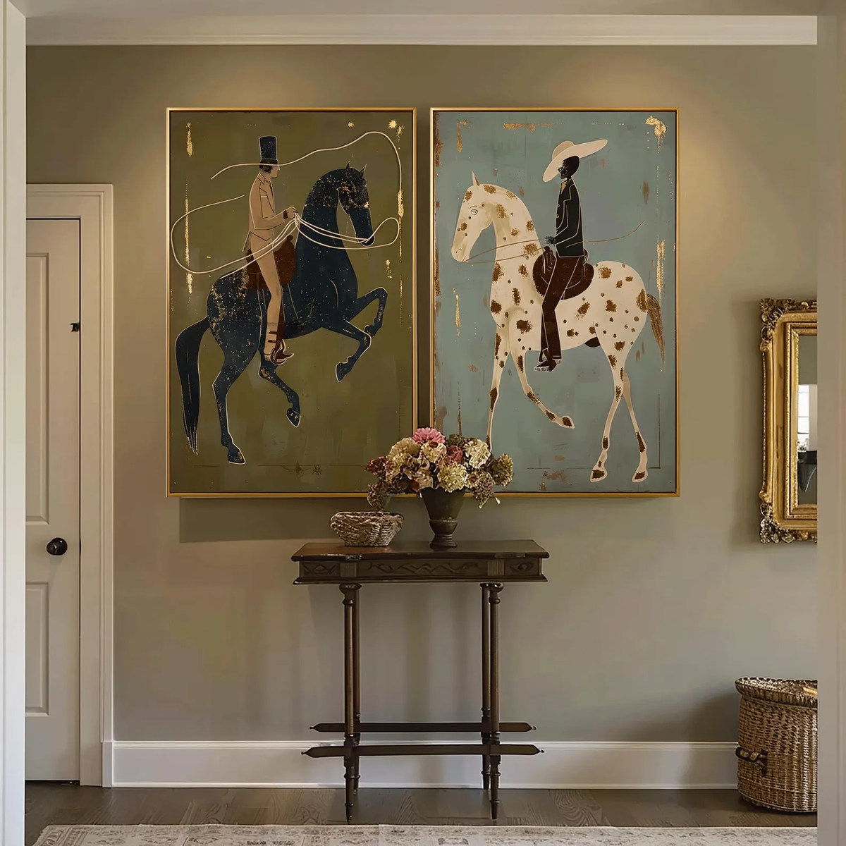Sage Riders Together – Olive Horse Rider Diptych | Modern Western Vertical Wall Art