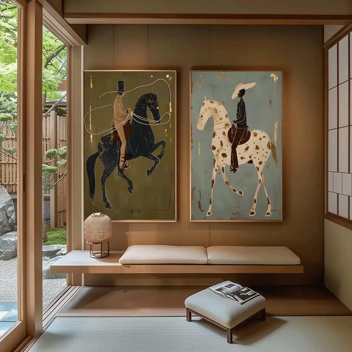 Sage Riders Together – Olive Horse Rider Diptych | Modern Western Vertical Wall Art