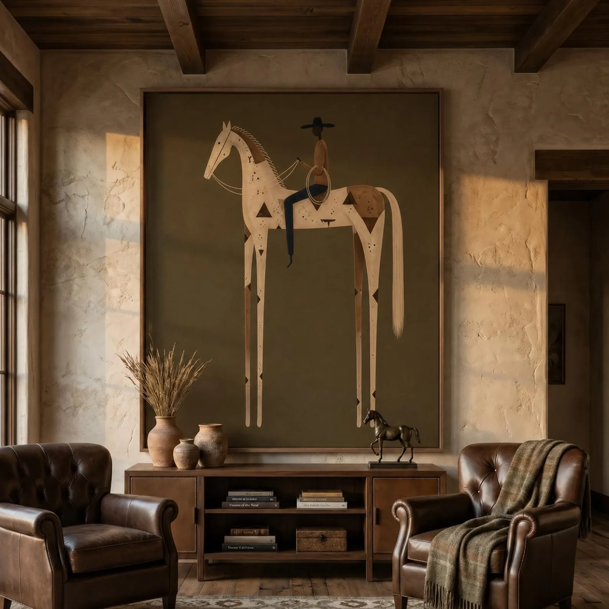 Ivory Rider at Dusk – Olive White Horse Rider Painting | Minimalist Western Vertical Wall Art