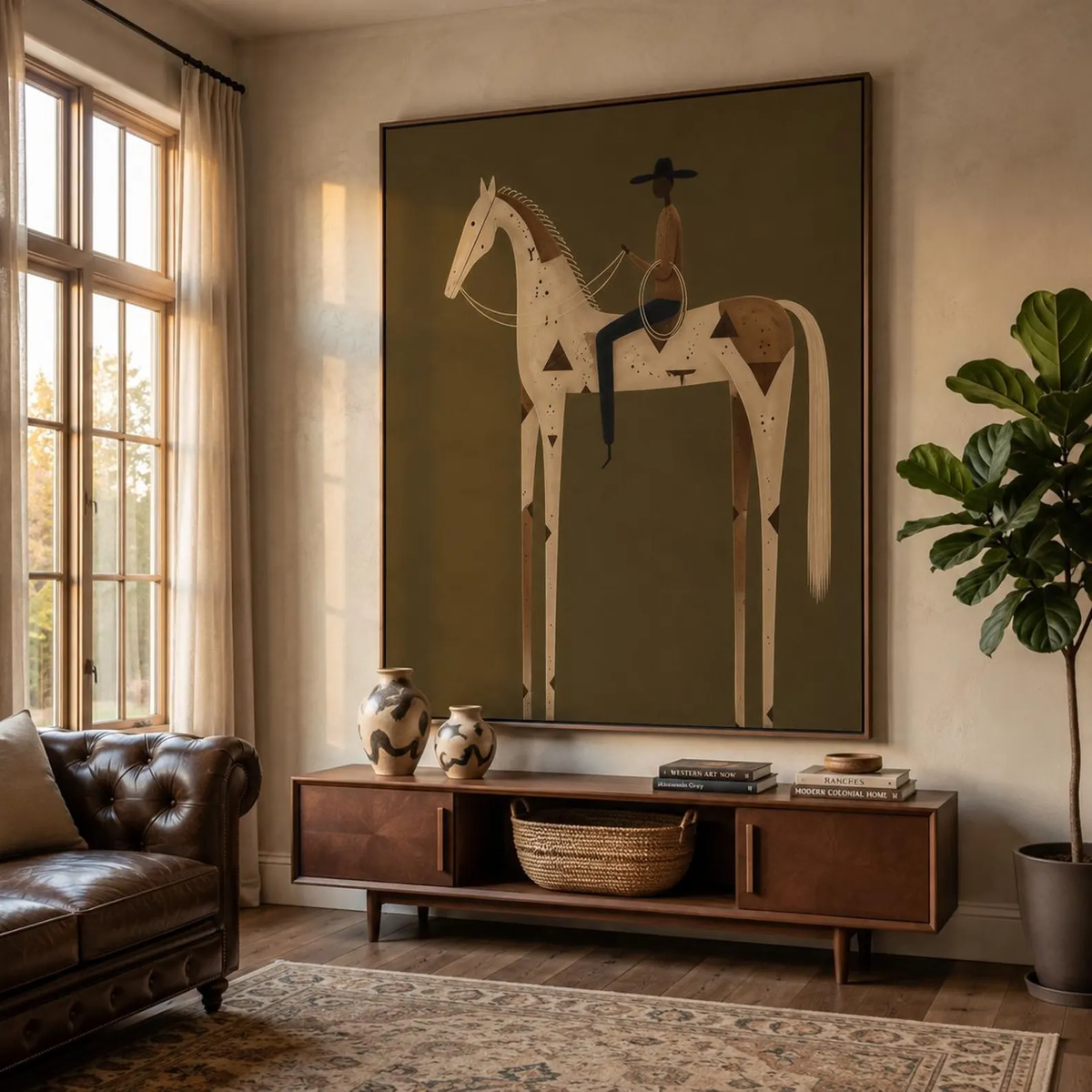 Ivory Rider at Dusk – Olive White Horse Rider Painting | Minimalist Western Vertical Wall Art