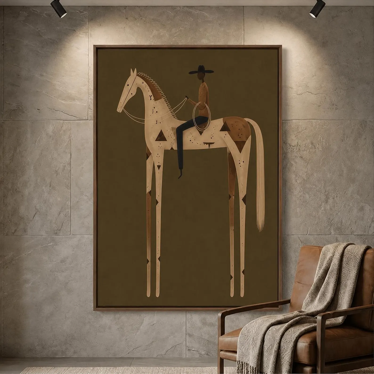 Ivory Rider at Dusk – Olive White Horse Rider Painting | Minimalist Western Vertical Wall Art