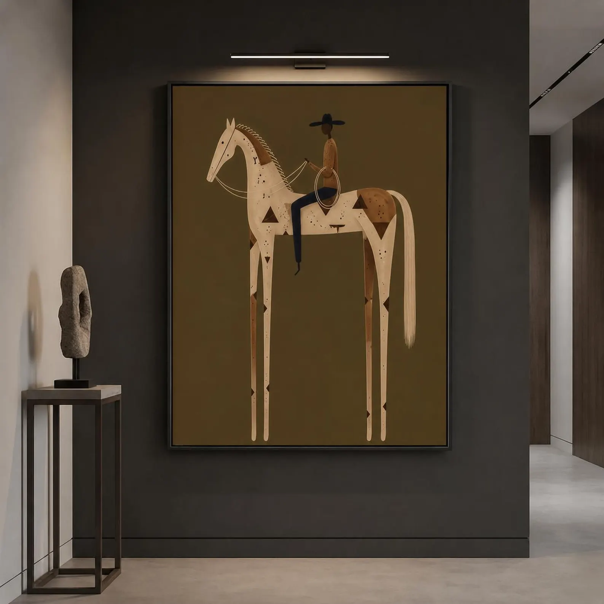 Ivory Rider at Dusk – Olive White Horse Rider Painting | Minimalist Western Vertical Wall Art