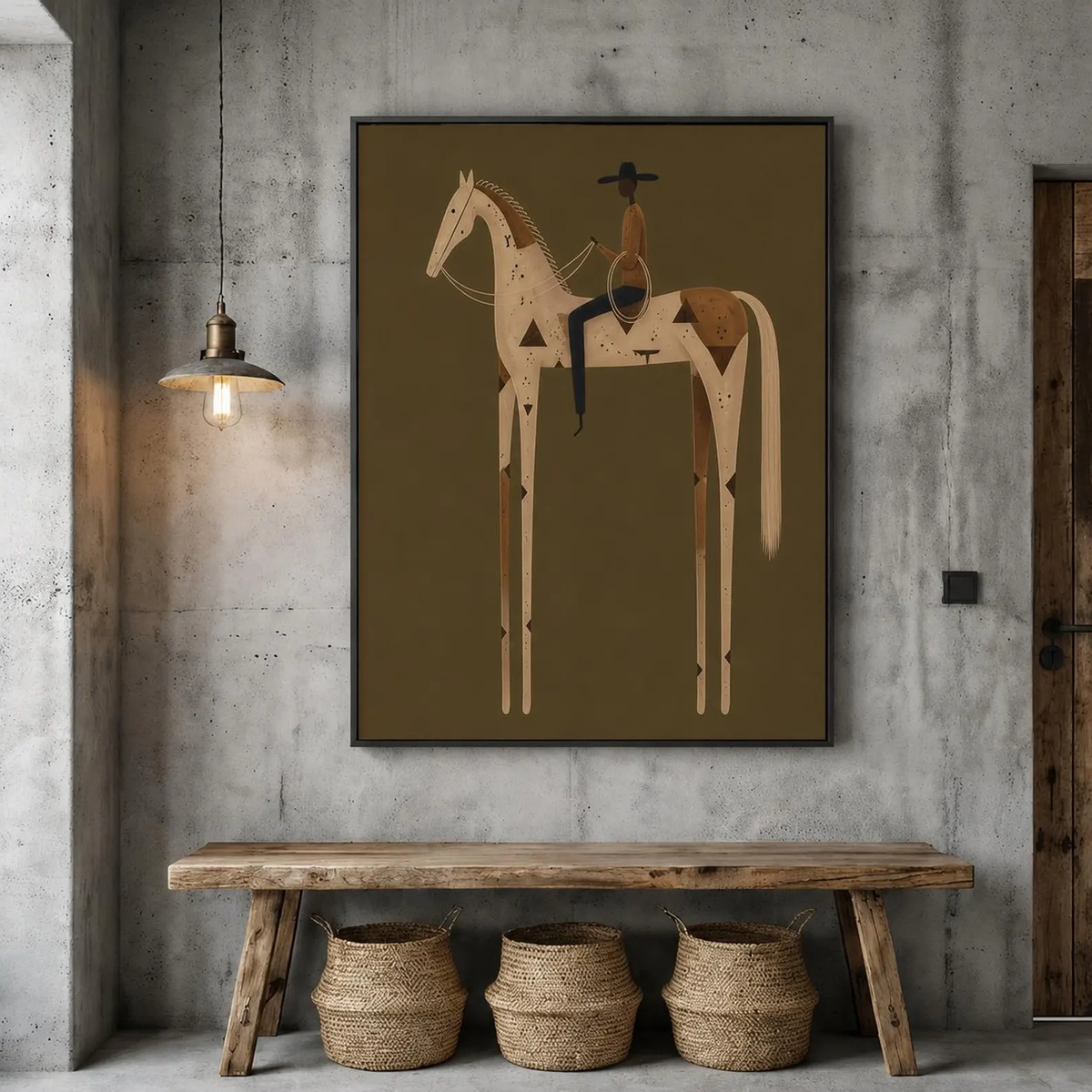 Ivory Rider at Dusk – Olive White Horse Rider Painting | Minimalist Western Vertical Wall Art