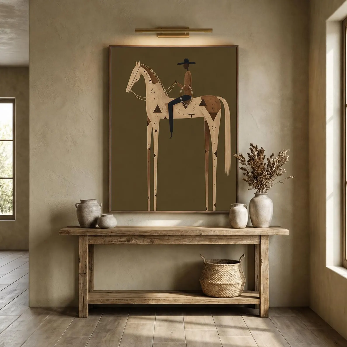 Ivory Rider at Dusk – Olive White Horse Rider Painting | Minimalist Western Vertical Wall Art