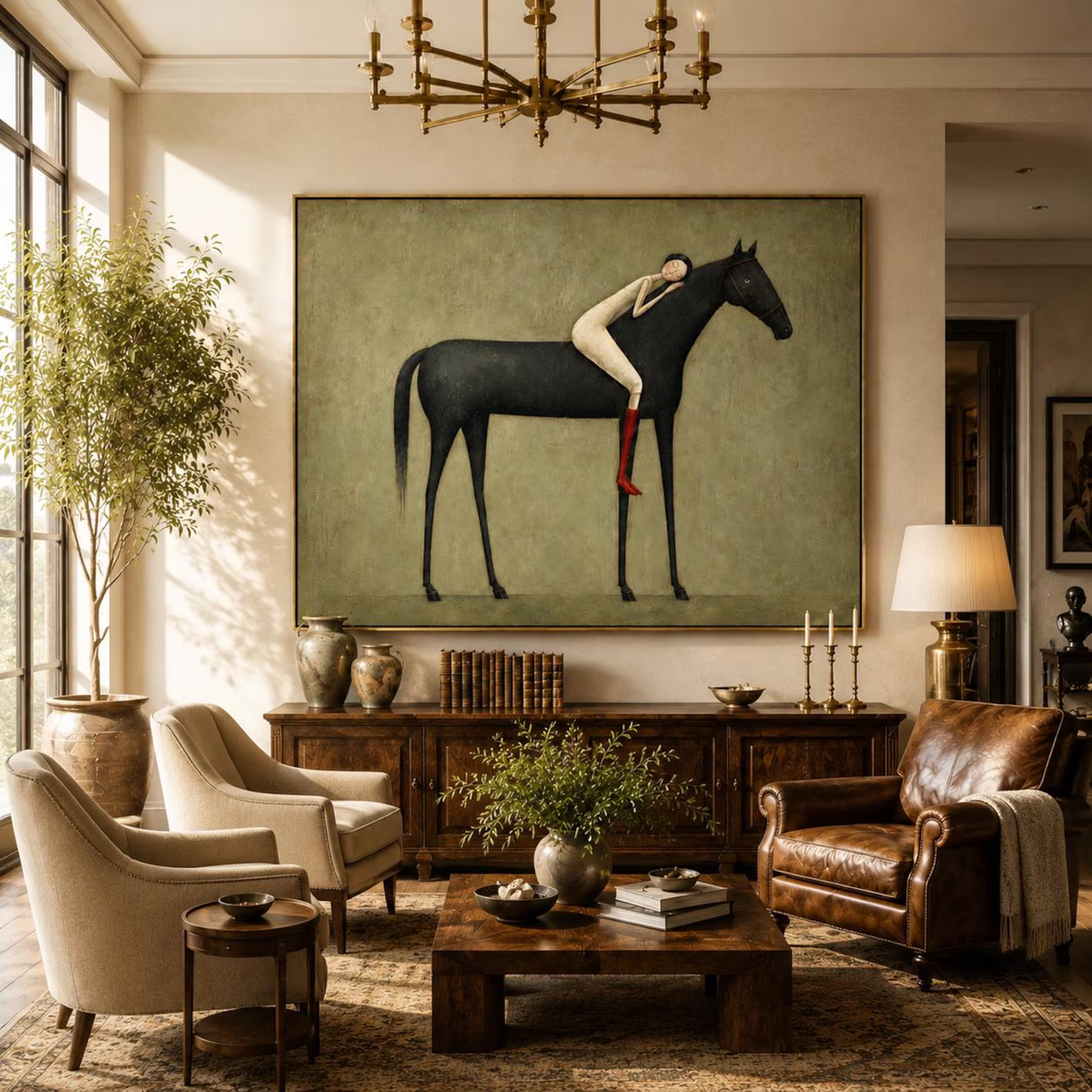 Midnight Horse Embrace – Minimalist Black Horse and Figure Painting | Modern Western Horizontal Wall Art
