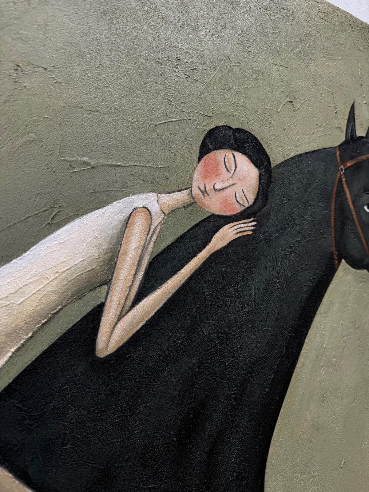 Midnight Horse Embrace – Minimalist Black Horse and Figure Painting | Modern Western Horizontal Wall Art