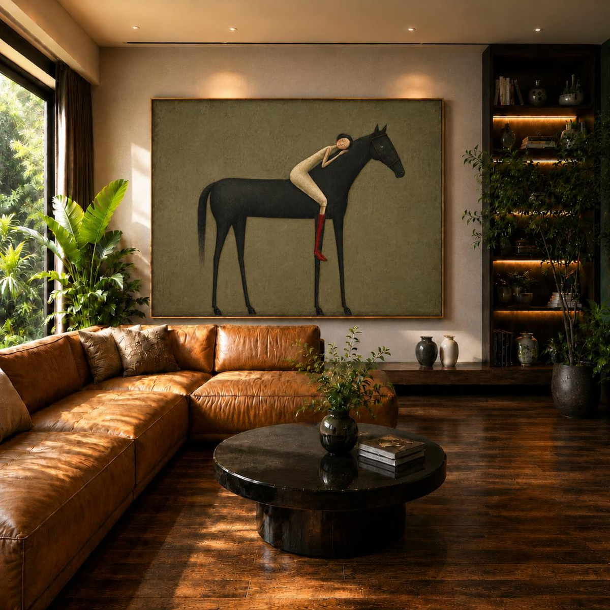 Midnight Horse Embrace – Minimalist Black Horse and Figure Painting | Modern Western Horizontal Wall Art