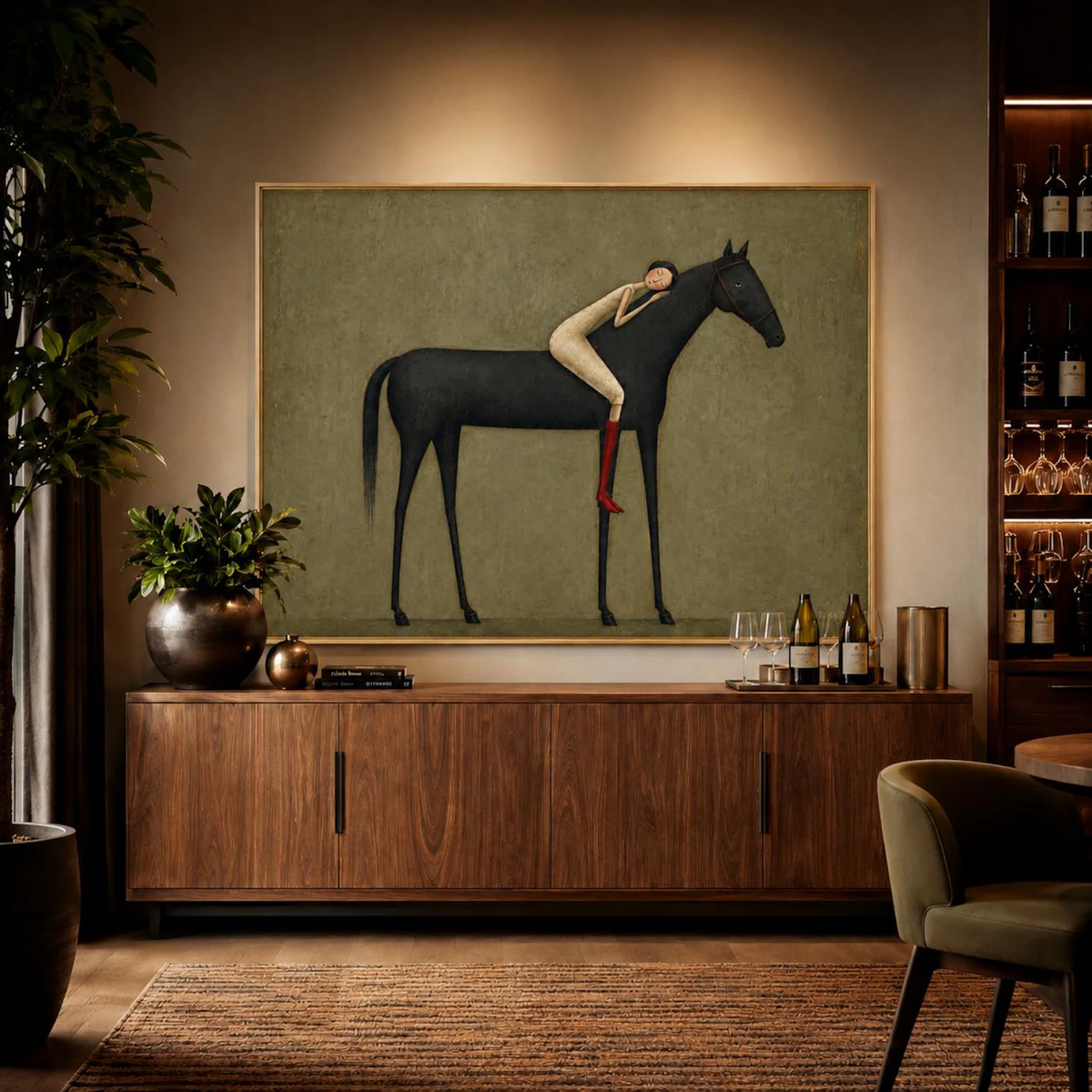 Midnight Horse Embrace – Minimalist Black Horse and Figure Painting | Modern Western Horizontal Wall Art