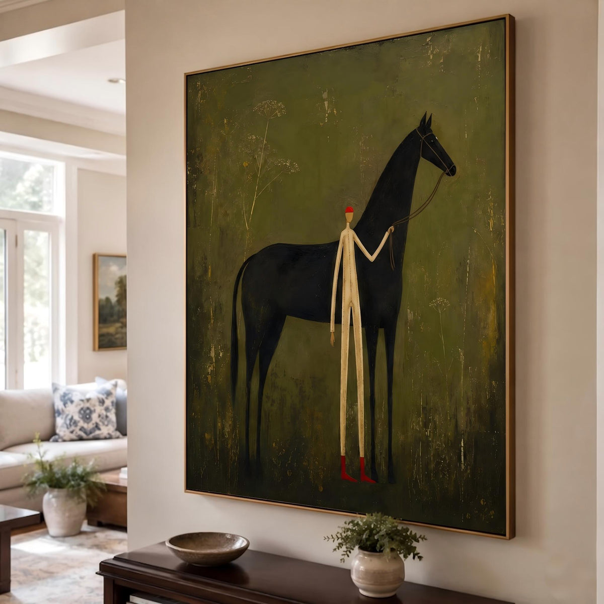 Ivory Guide Beside Midnight – Black Horse and Figure Painting | Minimalist Western Vertical Wall Art