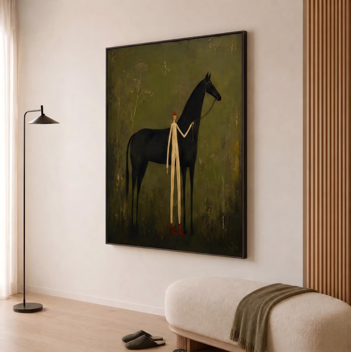 Ivory Guide Beside Midnight – Black Horse and Figure Painting | Minimalist Western Vertical Wall Art