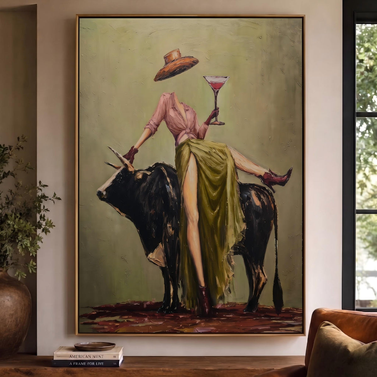 Martini Above Black Bull – Pop Art Cowgirl and Bull Painting | Bold Vertical Western Wall Art