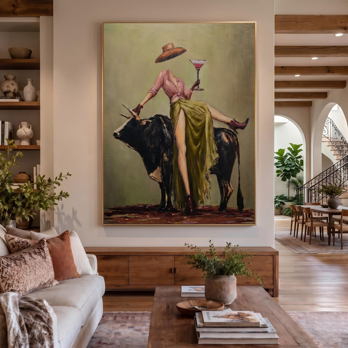 Martini Above Black Bull – Pop Art Cowgirl and Bull Painting | Bold Vertical Western Wall Art