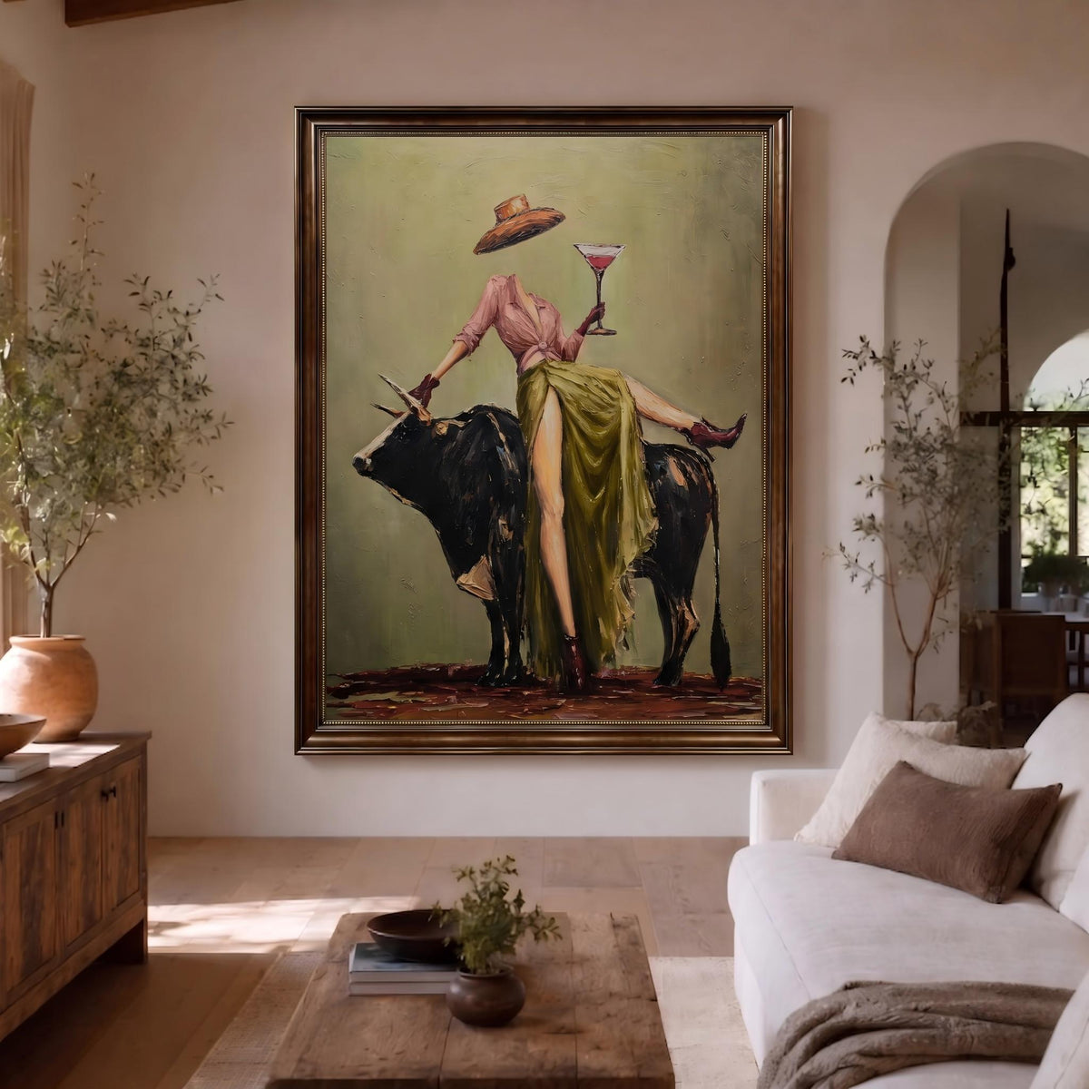 Martini Above Black Bull – Pop Art Cowgirl and Bull Painting | Bold Vertical Western Wall Art