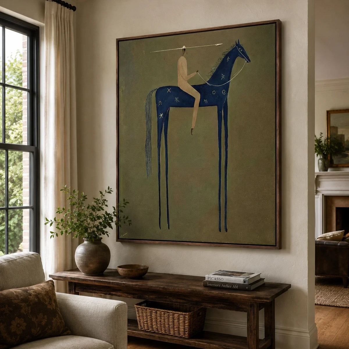 Blue Horse Stillness – Olive Blue Horse Rider Painting | Minimalist Western Vertical Wall Art