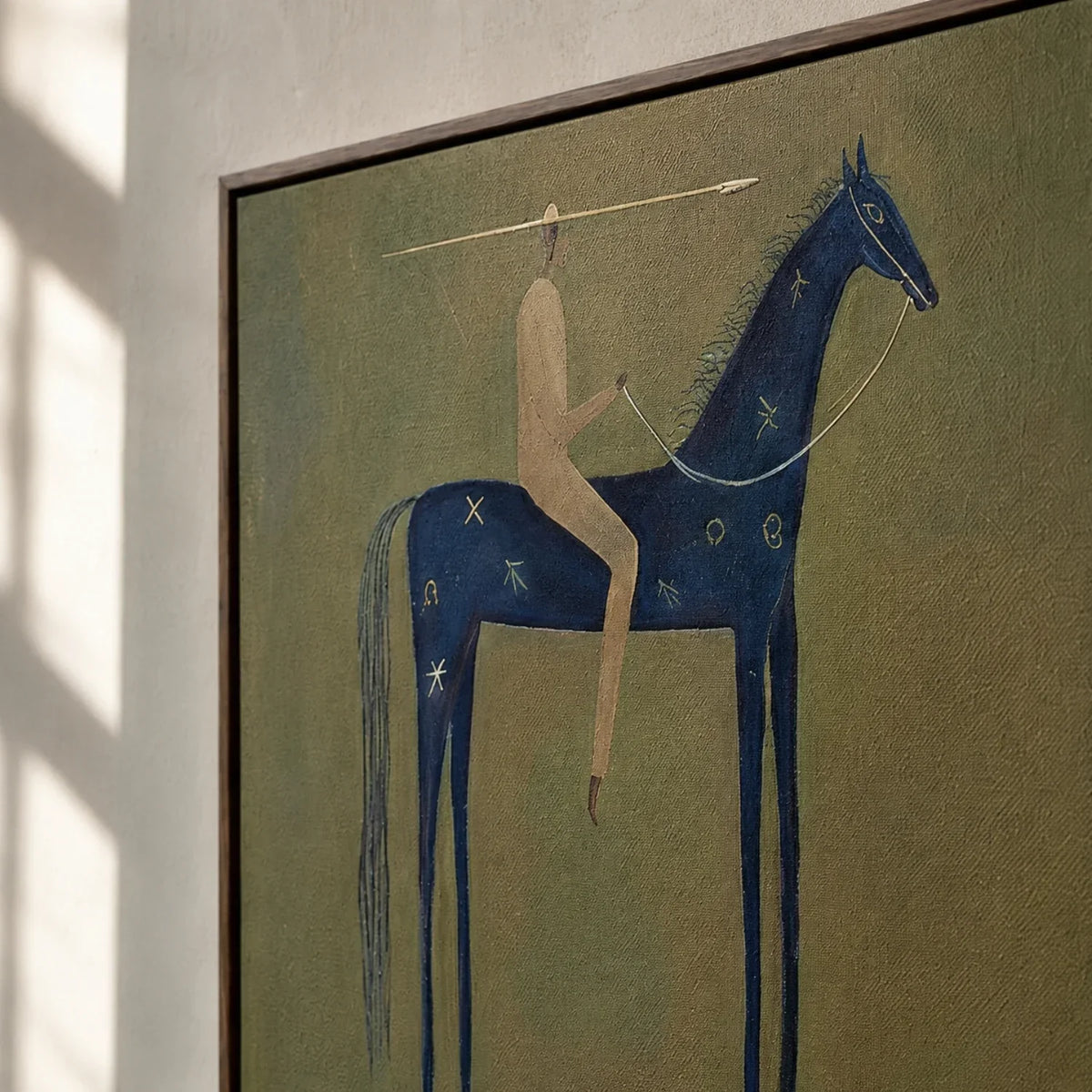 Blue Horse Stillness – Olive Blue Horse Rider Painting | Minimalist Western Vertical Wall Art