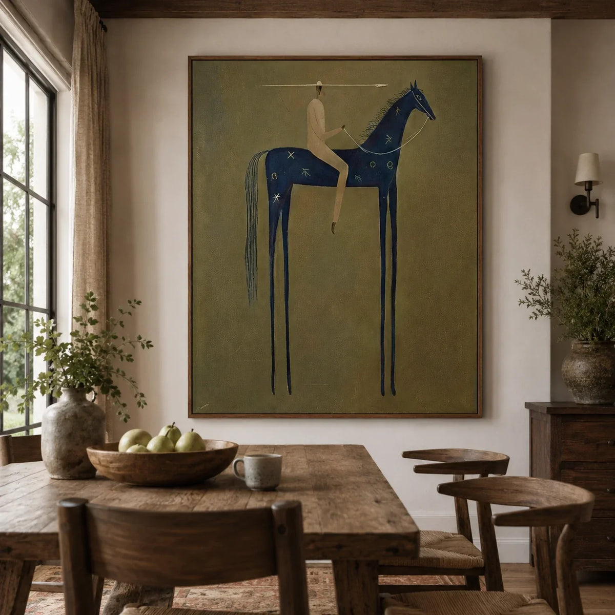 Blue Horse Stillness – Olive Blue Horse Rider Painting | Minimalist Western Vertical Wall Art