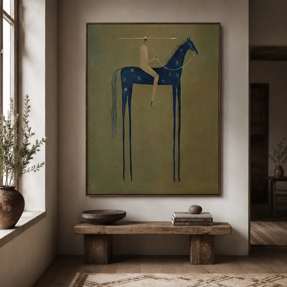 Blue Horse Stillness – Olive Blue Horse Rider Painting | Minimalist Western Vertical Wall Art