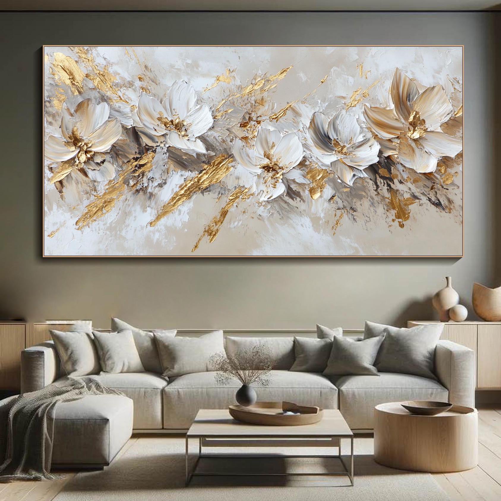 Divine Wings – Modern White & Gold Leaf Relief Floral Painting | Modern Luxury Botanical Bedroom & Living Room Art
