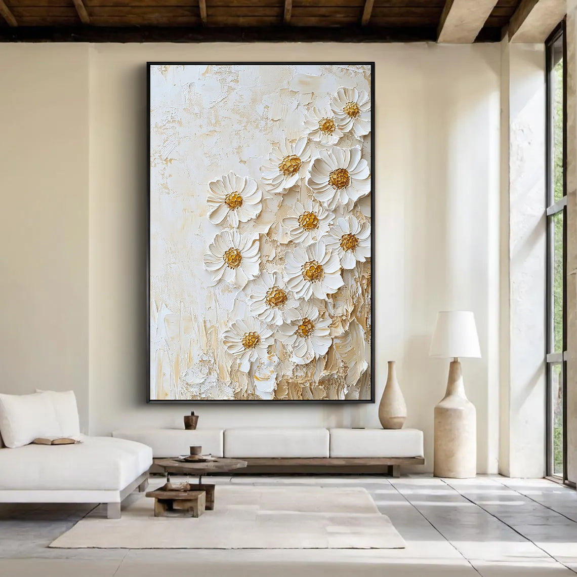 PURE ELEGANCE: 3D Floral Wall Art, Creamy White Plaster Effect Impasto Daisy Art Painting