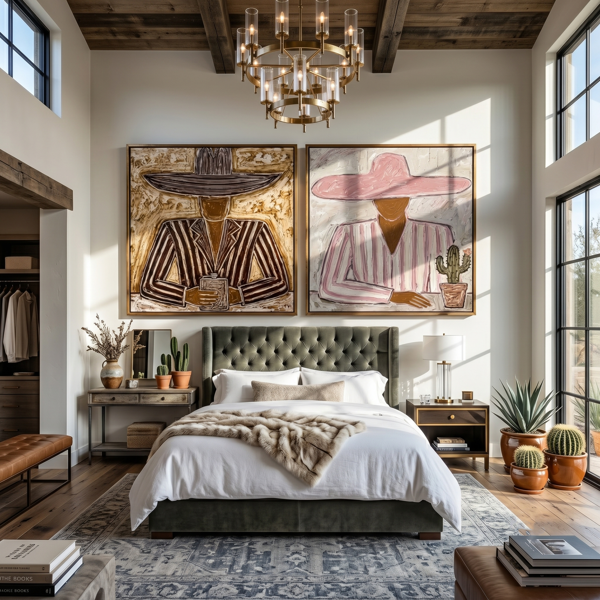 Hat & Cactus Diptych – Vintage Americana Two Sombrero Figures Two-Panel Painting | Colorful Rustic Living Room Art