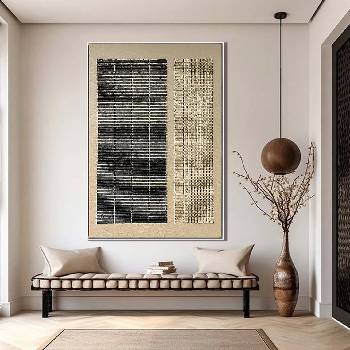 Woven Silence – Modern Abstract Geometric Line Texture Hand-Painted Wabi-Sabi Painting | Japandi Wabi-Sabi Living Room & Bedroom Art