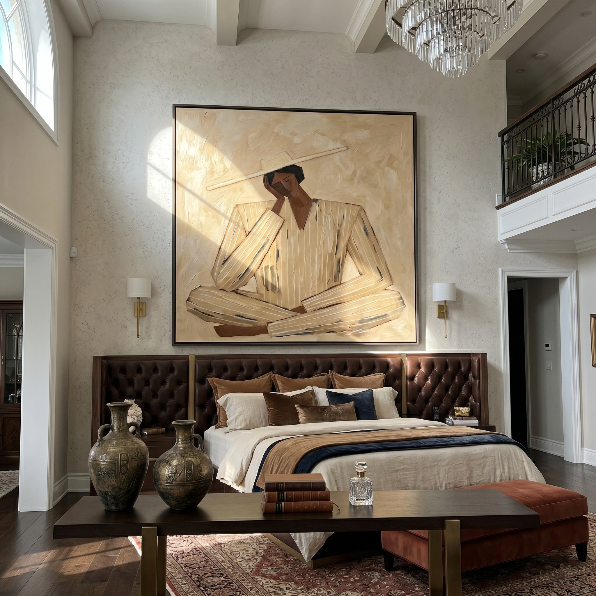 The Desert Meditative – Wabi-Sabi Heavy Textured Thinking Figure Painting | Minimalist Square Hallway Art