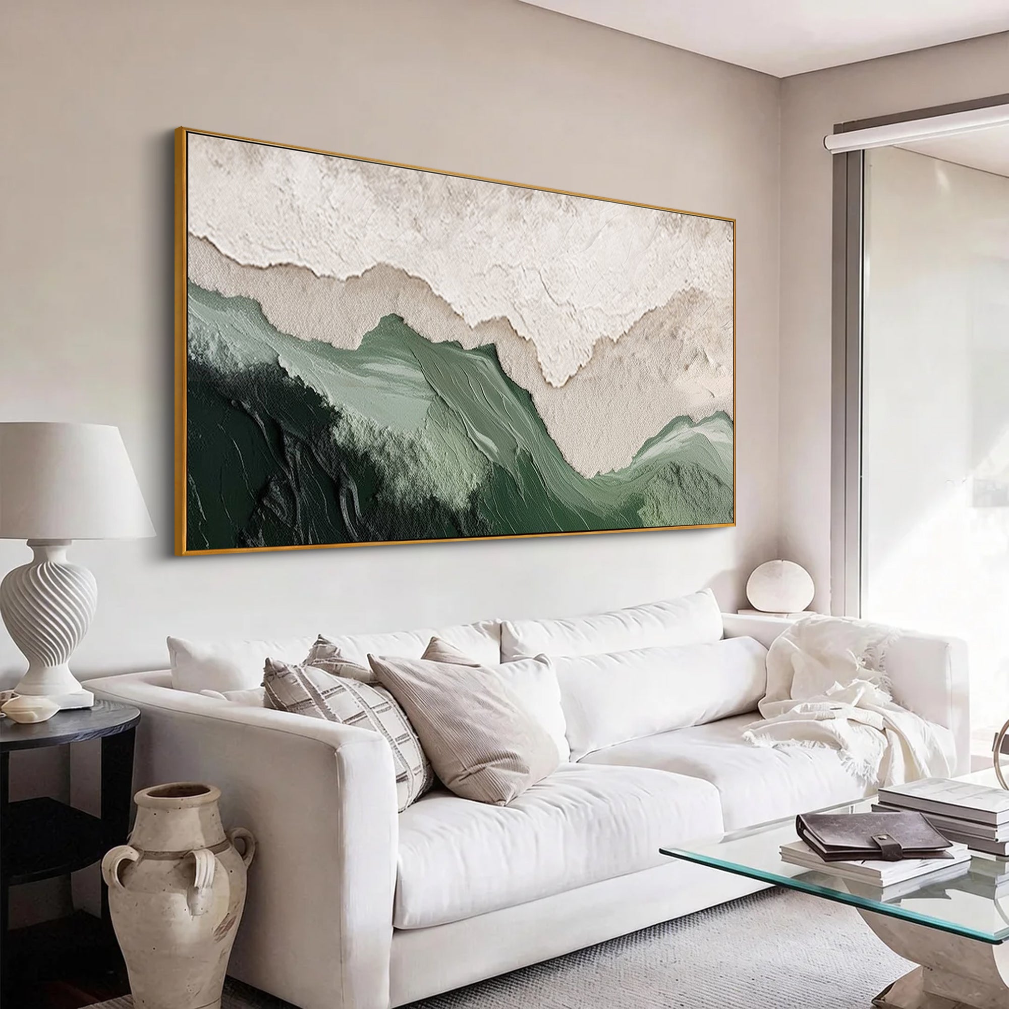 Mountain Echo – Wabi-Sabi Emerald Green Textured Painting | Horizontal Abstract Living Room Art