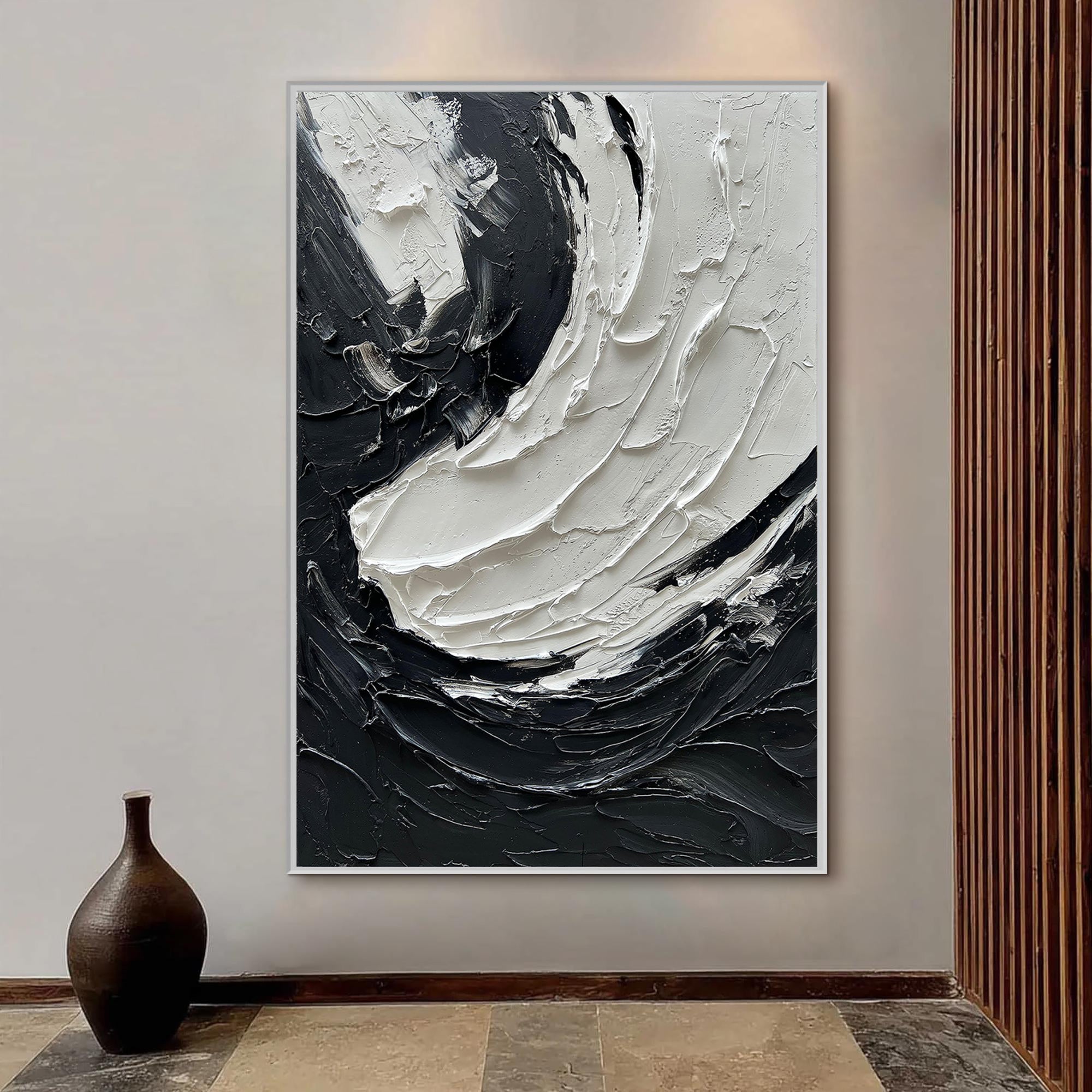 ZEN FLOW: 3D Heavy Texture Black and White Wall Art, Modern Impasto Swirl Relief