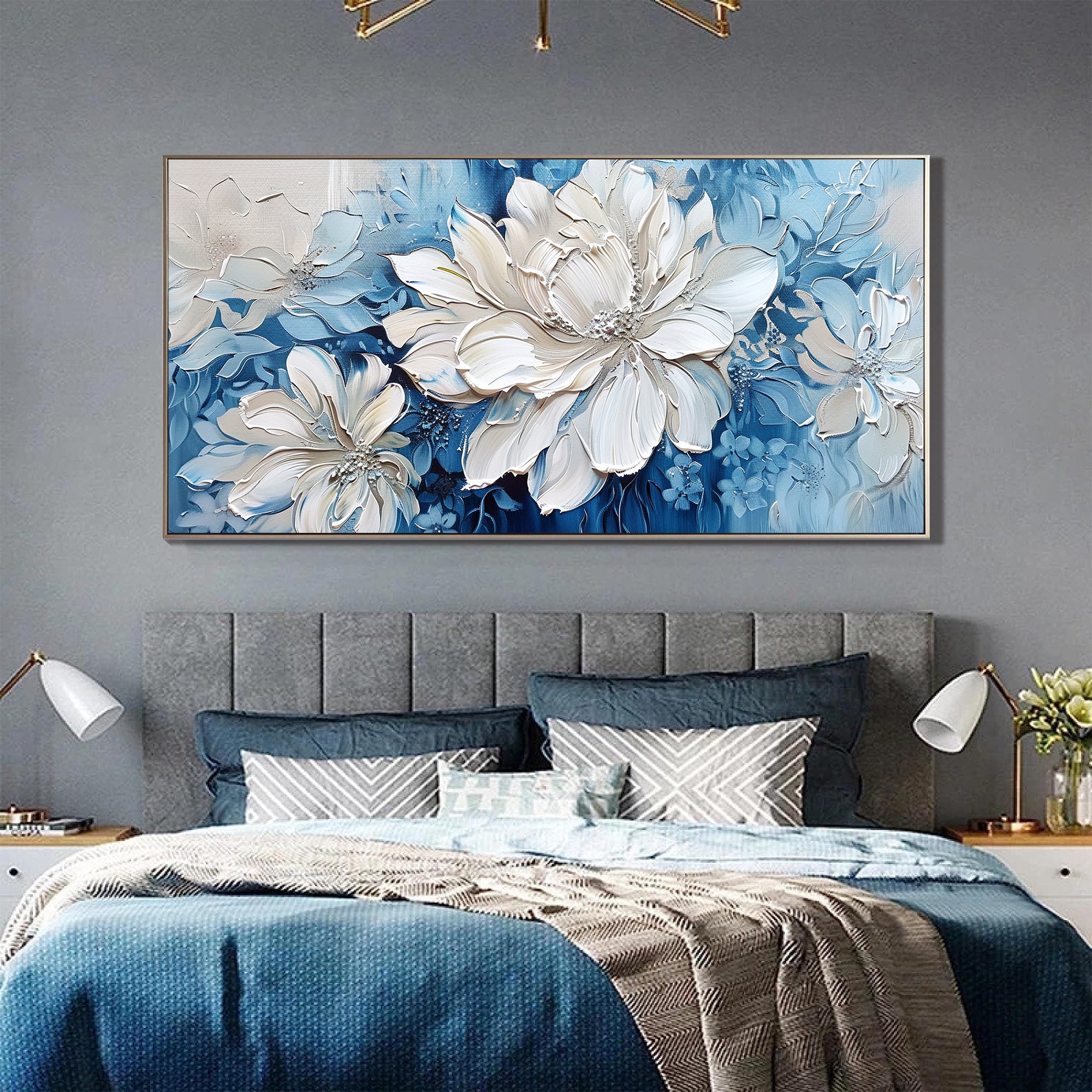 FROZEN PETAL: Panoramic Heavy Impasto White Flower Painting, 3D Textured Floral Art