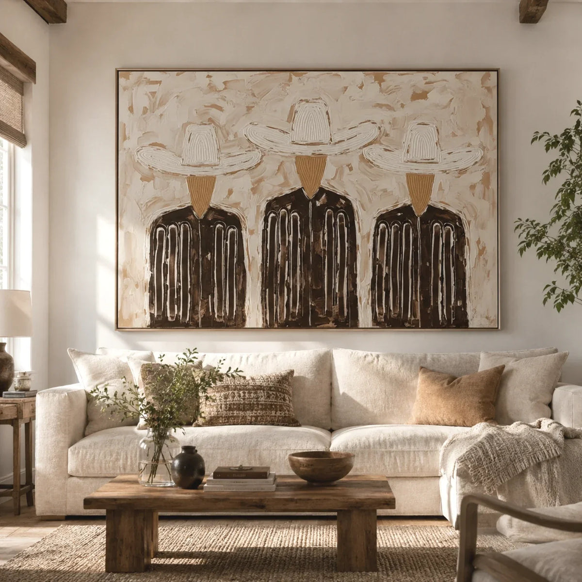 Three Hats in Linen – Textured Three Cowboy Painting | Neutral Horizontal Western Wall Art