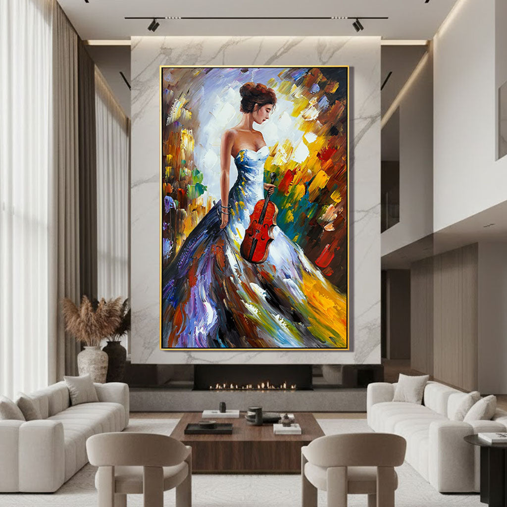 Melodic Muse – Palette Knife Lady in Gown Colorful Painting | Bold Expressionist Living Room & Dining Room Art