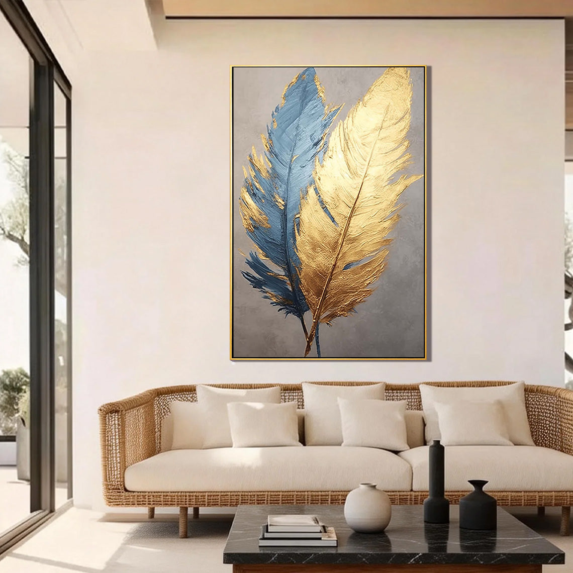 Golden Plume – Hand-Painted Navy Blue and Gold Foil Feather Abstract Painting | Modern Abstract Living Room & Office Art
