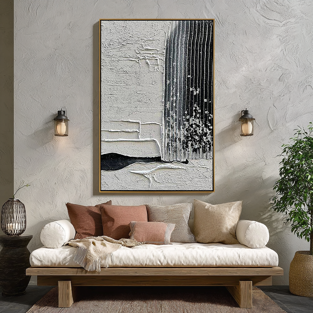 INDUSTRIAL RIDGE: Modern Abstract Minimalist Wall Art, Black & White Vertical Plaster Relief