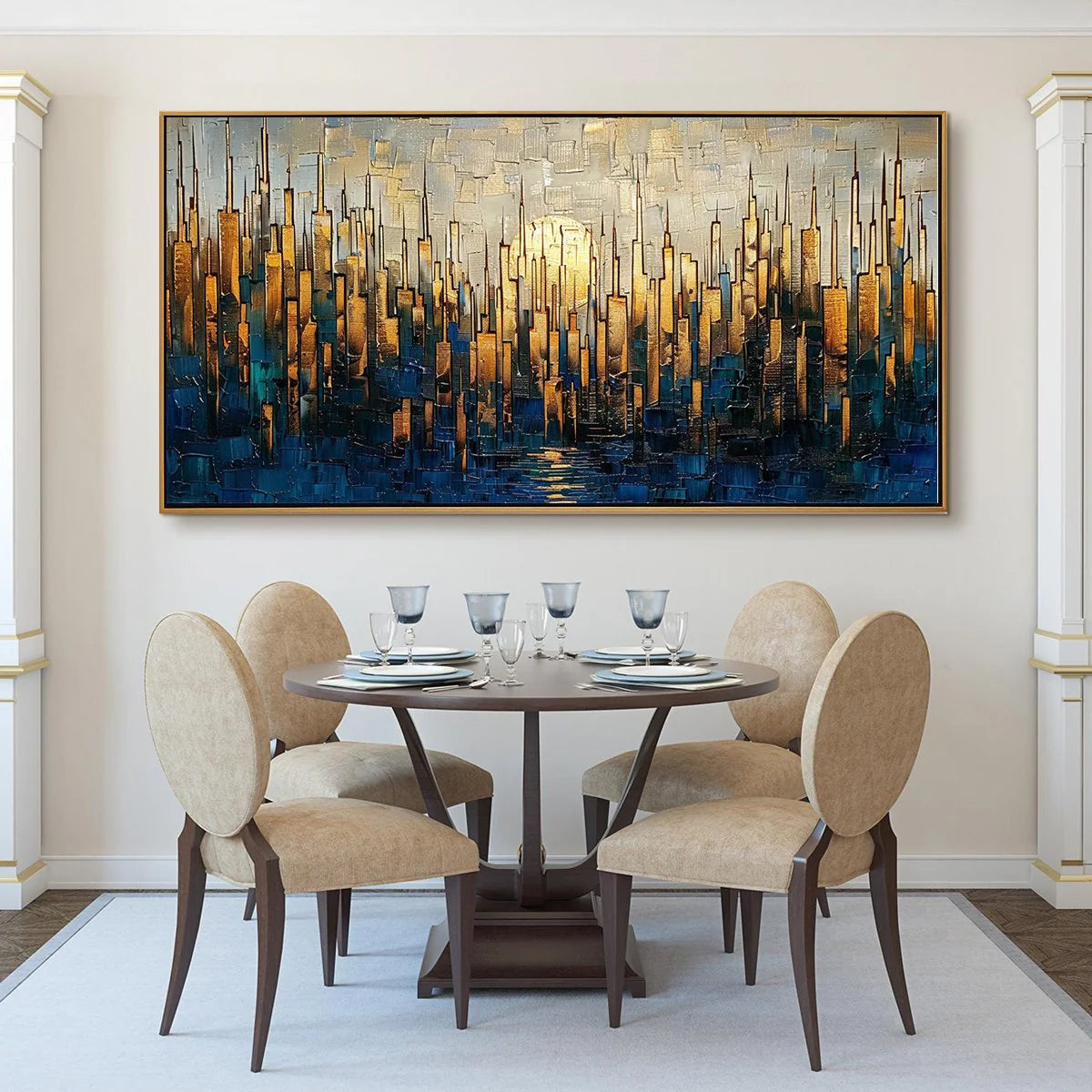 Glilded Horizon – Hand-Painted Blue and Gold Skyline Palette Knife Heavy Texture Oil Abstract Painting | Modern Abstract Living Room & Office Art